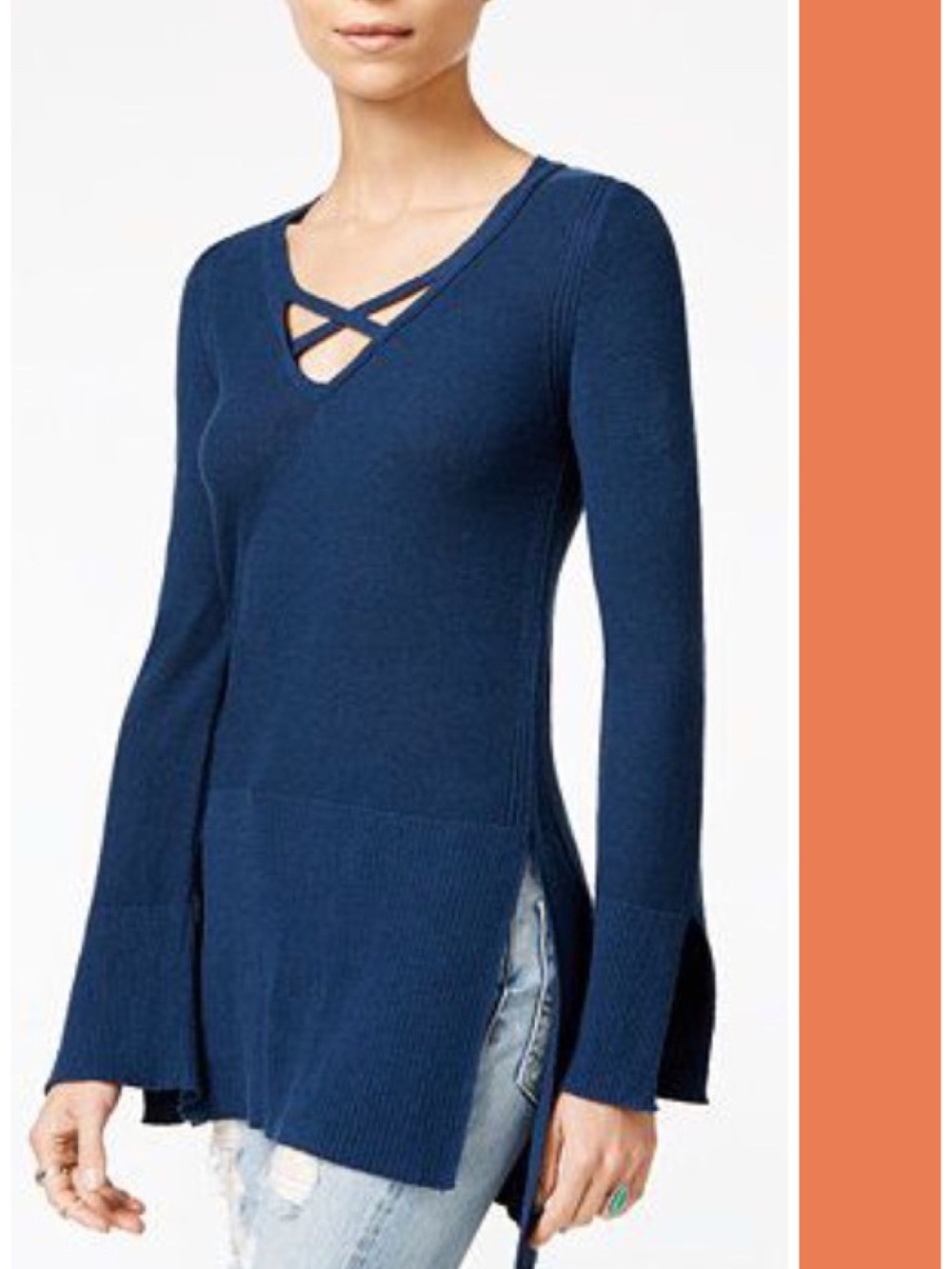 Free People Blue Criss Cross Tunic Sweater Size XS EUC Minimalist Coastal